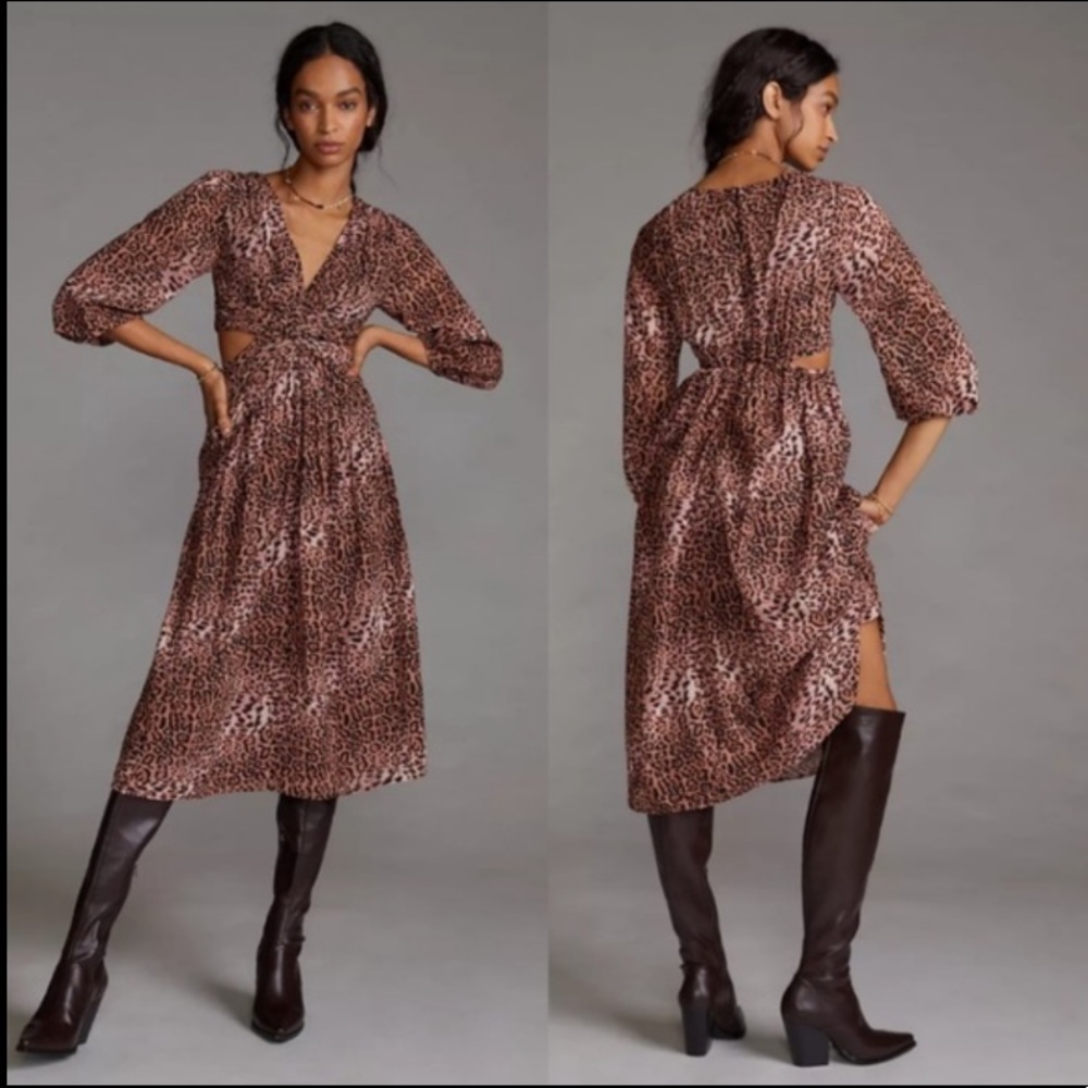 Anthropologie Ranna Gill Pink Leopard Cut Out Puff Sleeve MIDI Dress Size SM